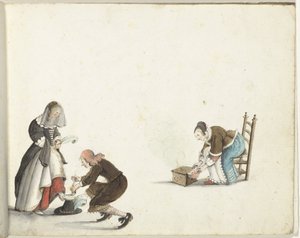 绅士为女士系鞋带，女人在炉子里生火