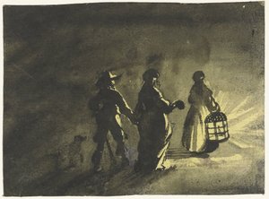 夜景：一对夫妇走在提灯妇女身后，从后面看