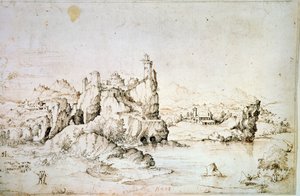 1540年，在山峰上的一座岩石上的一座城堡。 作者 希拉多·奇博