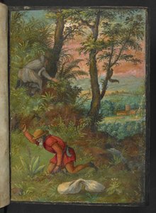 两名男子在树林中挖掘植物，选自杰拉尔多-西博的 "罗马国家植物画作"，Add MS 22333，f003r，约 1564-84 年（纸面水彩和水粉）。