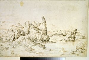 "山景中岩石上的城堡" 褐色水墨画，杰拉尔多-西博（1512-1600 年），1540 年 莫斯科普希金博物馆 作者 赫拉尔多·西博