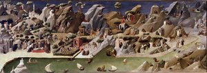 La thebaide des hermits 沙漠中隐士生活的描述 - 木头上的 Detrempe 归因于 Gherardo Starnina（14-15 世纪）。 约 1400 昏暗的 2x0.8 米佛罗伦萨，galleria degli uffizi (Uffizi)