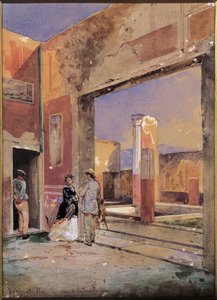 意大利，1857 年在庞贝城的 Castor 和 Pollux 房子（水彩）