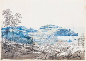 伊斯基亚（拉科-阿梅诺）的景色，约1845年（铅笔、钢笔和水彩）。 作者 贾辛托·吉甘特（Giacinto Gigante）