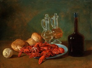 静物画：锡盘、虾、柠檬、玻璃瓶、面包和一瓶葡萄酒