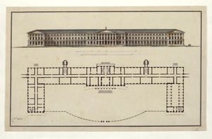 斯莫尔尼学院的项目。主立面和底层平面图，1806-1808年