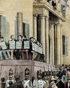 Risorgimento: “” members of the Giovine Italia movement (including Carlo Cattaneo (1801-1869), Tinelli, Danzi, Bussi) sitting in front of the Palace of Justice in Milan, listening to the sentence condemning them to exile in 1848”” 1884 Lithograph by Manteg