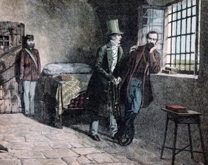 Risorgimento: “” the Italian patriot Giuseppe Mazzini (1805-1872) imprisoned in Savona in 1830 meets his father who pushes him to leave the Sardinian states”” Engraving by Giacomo Mantegazza (1853-1920) 1884 Private collection