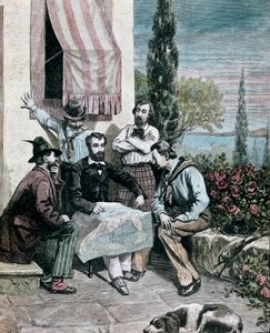 Risorgimento：科孚岛 (Corfu) 的流亡者，其兄弟 Attilio Bandiera (1810-1844) 和 Emilio Bandiera (1819-1844) 研究意大利地图以进行远征。 1884 年 Mantegazza 私人收藏版画