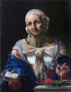 Vieille femme avec un collier de perles et une lettre (vanite) - 老妇人与珍珠项链和信件（Vanitas） - Giovan Battista Langetti（1635-1676）。布面油画，约1663年。国家画廊，布拉格