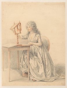 一位坐着的妇女拿着一面光学镜的人物研究 作者 Gijsbertus Johannus van den Berg
