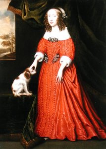 穿着红裙子的年轻女士和一只宠物小猎犬的肖像（布面油画） 作者 吉尔伯特 (attr.to) 杰克逊