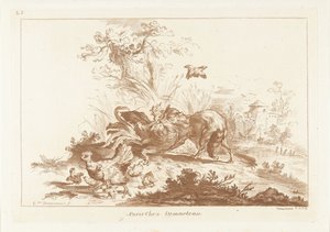 狐狸袭击公鸡，母鸡带着小鸡逃走 作者 吉尔斯·德玛多（Gilles Demarteau）