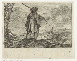 沙丘景观与肩扛法杖的男子
Verscheyden 海滩和水景，Jan Percelles（系列名称） 作者 Jan Porcellis（拒绝归属）