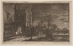 破塔旁的人物：月夜夜曲，选自《六幅风景画 作者 吉利斯·范·舍恩德尔（Gillis van Scheyndel）