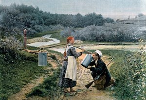 一位猎人从俄罗斯一位年轻女子那里喝一杯，大约1890年