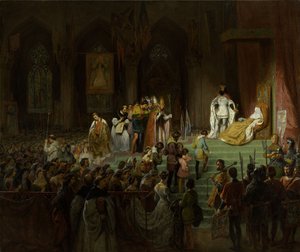 1827-1828年在科英布拉大教堂举行的死者伊内斯-德-卡斯特罗的加冕仪式。