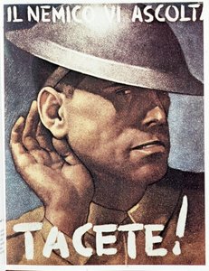 沉默，敌人在倾听--1942 年意大利宣传海报 插图：吉诺-博卡西莱（1901-1952 年）