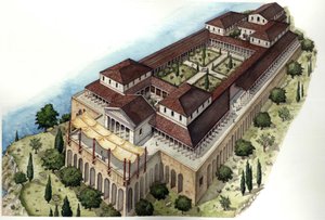古罗马：重建罗马卡图尔别墅或卡图尔洞穴（Cave di Catullo），这是同名拉丁诗人的住所（公元前 1 世纪），位于加尔达湖（lago di Garda）子午线湖畔的锡尔米奥内（Sirmione）附近。意大利。 作者 乔治·阿尔贝蒂尼