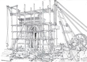 古罗马：重建公元 1 世纪的拱门建筑工地。工人们用脚手架和滑轮吊起大理石块。插图：乔治-阿尔贝蒂尼。(使用本文作者的作品无需申请版权。 作者 乔治·阿尔贝蒂尼