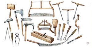 介绍木匠使用的工具的板子：斧子、锤子、钳子、锯子、钻子。 作者 乔治·阿尔贝蒂尼