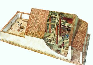 拜占庭建筑：重建查士丁尼皇帝时期拉文纳（Ravenna）港口克拉塞码头区的仓库。意大利 7 世纪。从建筑的剖面可以看到存放的货物。 作者 乔治·阿尔贝蒂尼