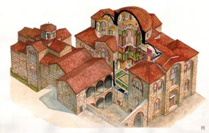 拜占庭艺术：建于 11 世纪的 Hosios Loukas（Osios Lukas 或 Luckas）修道院的景观和建筑部分。希腊 作者 乔治·阿尔贝蒂尼