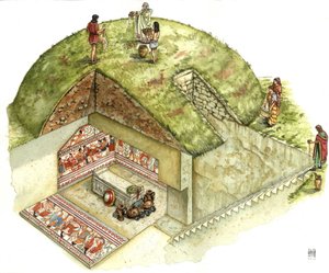 伊特鲁里亚文明：塔尔奎尼亚墓地特里克利尼奥（Triclinio）墓的重建和切割。公元前 5 世纪 意大利 乔治-阿尔贝蒂尼插图。 作者 乔治·阿尔贝蒂尼