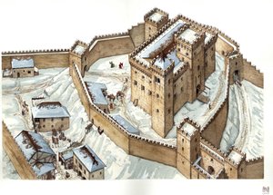 中世纪建筑：14 世纪乌迪内城堡的重建。意大利 插图：乔治-阿尔贝蒂尼。(使用该作者的作品无需向第三方申请授权或支付任何费用）。 作者 乔治·阿尔贝蒂尼