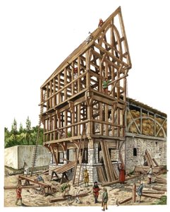中世纪：14 世纪法国北部地区的一个建筑工地上，木匠和木工们正在制作谷仓的木结构。插图：乔治-阿尔贝蒂尼。(使用该作者的作品无需申请授权 作者 乔治·阿尔贝蒂尼