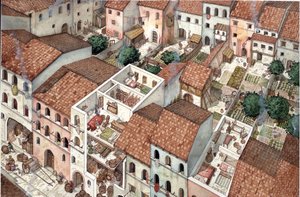 中世纪：住宅鸟瞰图，13 世纪意大利佛罗伦萨住宅内部剖面图。 作者 乔治·阿尔贝蒂尼