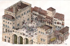 中世纪：14 世纪意大利古比奥市（翁布里亚）中心广场鸟瞰图。左侧可见执政官宫殿。