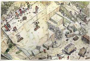 中世纪：表现 15 世纪在卡拉拉（Carrara）大理石采石场工作的工人的鸟瞰图。表现了不同的步骤：开采、砌块大小、运输。意大利 插图：乔治-阿尔贝蒂尼。(使用该作者的作品 作者 乔治·阿尔贝蒂尼