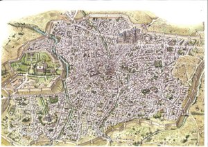 中世纪：撒马尔罕（Samarkand）城的详细鸟瞰图，城墙清晰可见，位于蒙古恰班王朝时期的乌兹别克斯坦。1450 年，中亚一带。插图：乔治-阿尔贝蒂尼。(使用该作者的作品是 作者 乔治·阿尔贝蒂尼