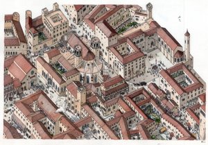 中世纪：14 世纪巴塞罗那历史悠久的 Barri Gotic（barrio gotico）区重建。圣欧拉丽大教堂清晰可见。西班牙 插图：乔治-阿尔贝蒂尼。(该作者作品的使用不在版权保护范围内。 作者 乔治·阿尔贝蒂尼