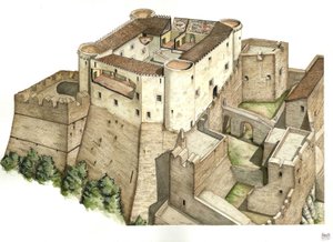 中世纪：重建建于 11 世纪的卡坦扎罗 Santa Severina 城堡。意大利卡拉布里亚 插图：乔治-阿尔贝蒂尼。(使用该作者的作品无需向第三方申请授权，也无需遵守以下规定