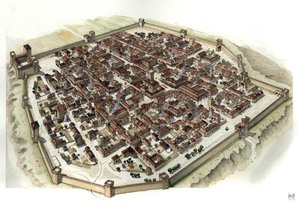中世纪：重建 13 世纪建城时的切拉斯科（皮埃蒙特）防御城，意大利 作者 乔治·阿尔贝蒂尼