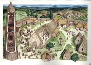 中世纪：格伦达洛古老修道院的重建，由隐士牧师圣凯文创建。该遗址在 9 世纪成为宗教教育场所。从横截面上可以看到一座圆形塔楼，一个凯尔特十字架。9 世纪 爱尔兰 插图