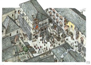 中世纪：15 世纪热那亚商人贵族宫殿（Curia 或 curia）的街景，意大利乔治-阿尔贝蒂尼的插图。