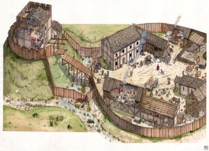 中世纪：村庄建在河边，有木制城墙和防御塔。11 世纪