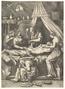 关于一种疾病的寓言，男人俯卧在被数字包围的床上，约。 1540。