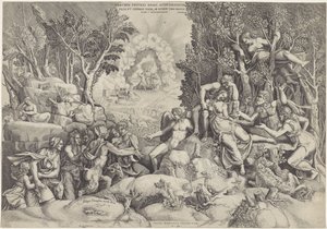 塞法勒斯和森林之神哀悼普洛克丽丝之死
Procrin eritrei regis atheniensium / Filia, et Cephali uxor, ab eodem viro inscio（标题为实物） 作者 朱利奥·罗马诺