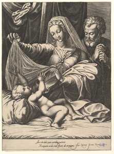 维尔京的麦当娜（Madonna of Loreto），处女在孩子的上方掀起面纱，孩子躺在床上和枕头上，1575年。 作者 乔治·吉西（Giorgio Ghisi）