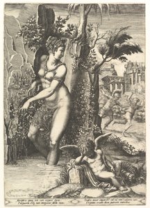 1556年，火星追逐亚多尼斯，背景是金星被玫瑰丛上的刺刺刺。 作者 乔治·吉西（Giorgio Ghisi）