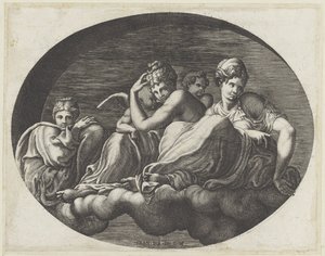 维纳斯、两位女神和两只魅魔
枫丹白露尤利塞画廊的椭圆形天顶画（系列名称） 作者 弗朗切斯科·普里马蒂奇奥