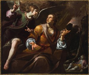 夏甲和天使，c.1640（布面油画） 作者 乔瓦奇诺·阿塞雷托（Giovacchino Assereto）