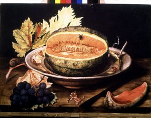 西瓜飞。 Giovanna Garzoni在画布上的油