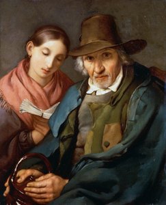 吉奥瓦尼-卡尔诺瓦利（Giovanni Carnovali）（1804-1873）的作品，老人和一个年轻的平民坐在一起看书，布面油画，72x59厘米
