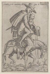 有两个人骑着骡子的漫画，1575-99年。