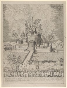 1579年，在罗马圣安杰洛城堡举行的名为 "Girandola "的烟花表演，是一个夜间的S...。